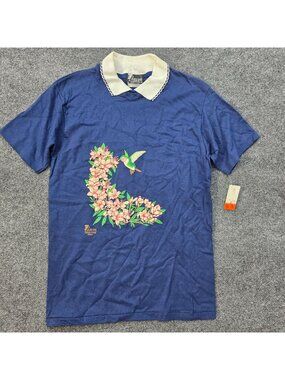 Vintage 90s Zig Zag Hummingbird Floral Collared T Shirt M USA Naturecore Retro